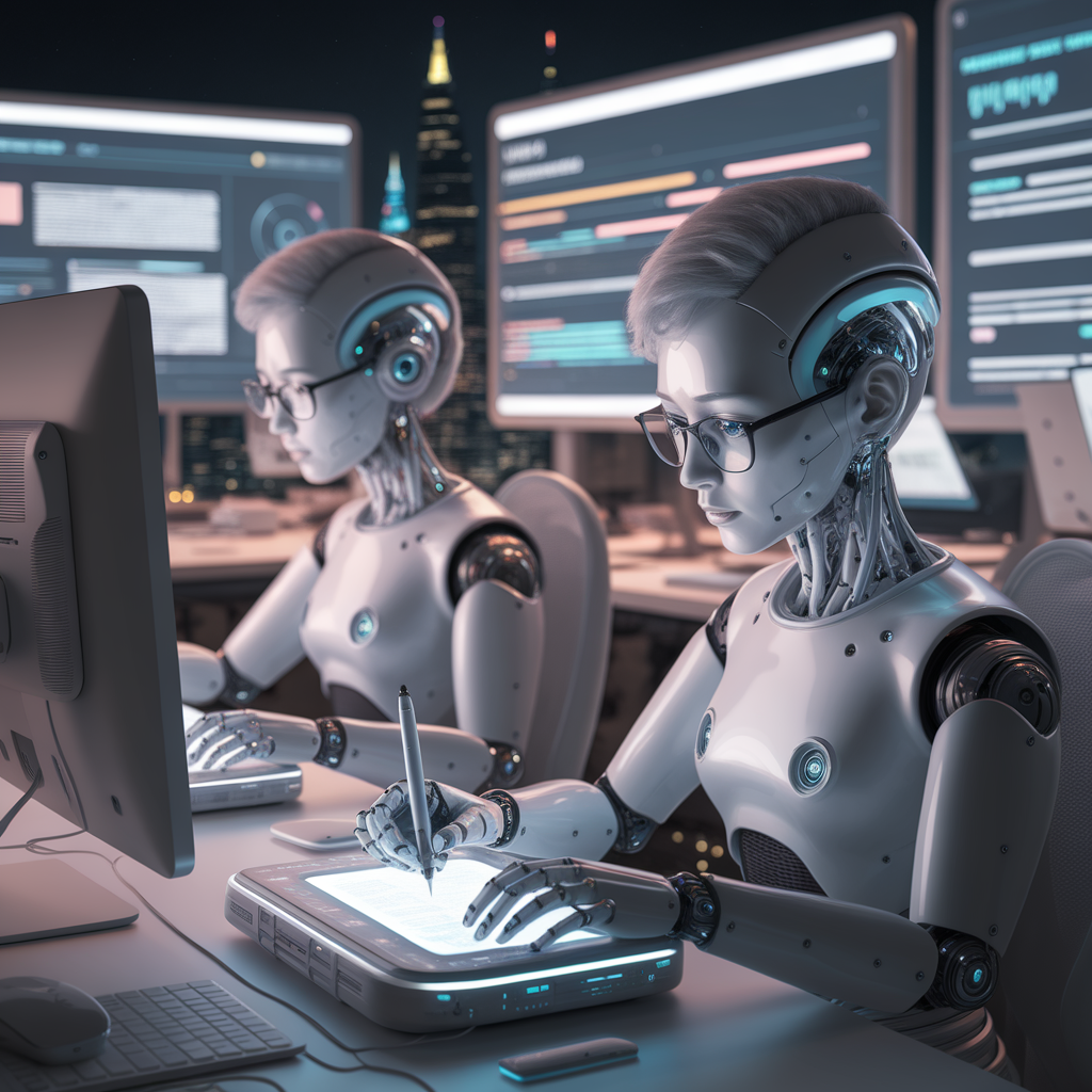 A futuristic depiction of AI writing assistants transforming content creation in 2025, with digital elements and a creative workspace.
