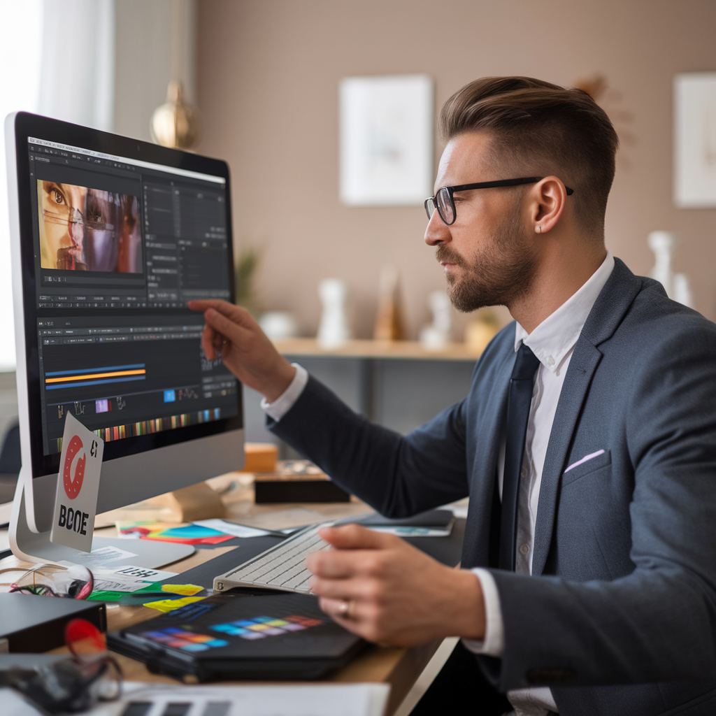A business professional evaluating video editing software on a computer screen, surrounded by various video editing tools and icons.