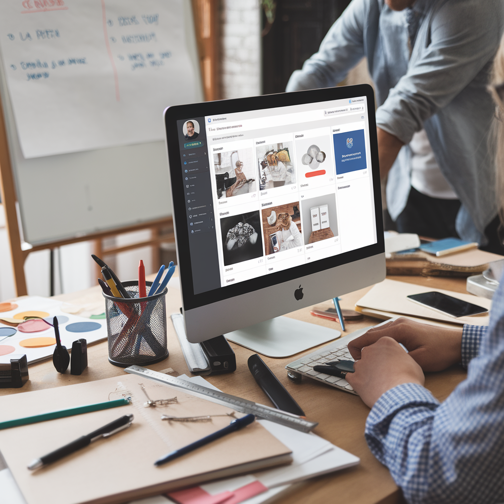 A creative workspace with digital tools and a team collaborating on content creation using ClickUp.